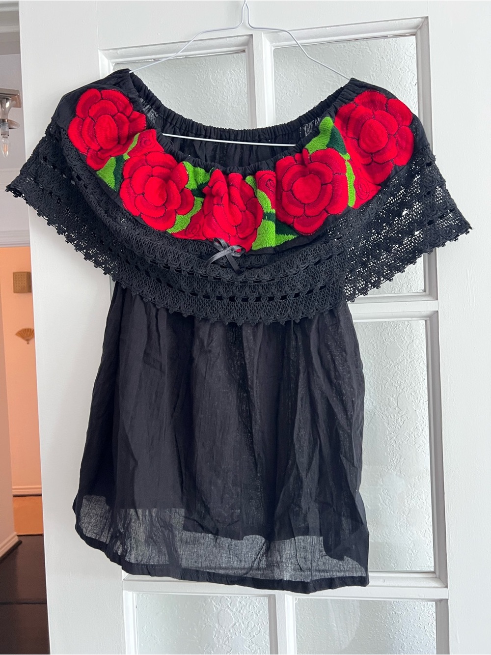 Black Off-Shoulder Top with Red Floral Embroidery